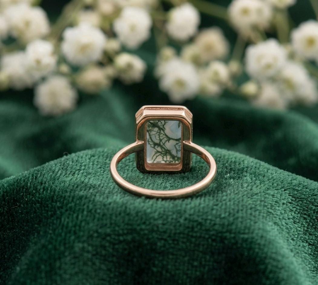 Moss Agate Hexagon Ring, Rose Gold Bezel, Sterling Silver, Nature Inspired Jewelry