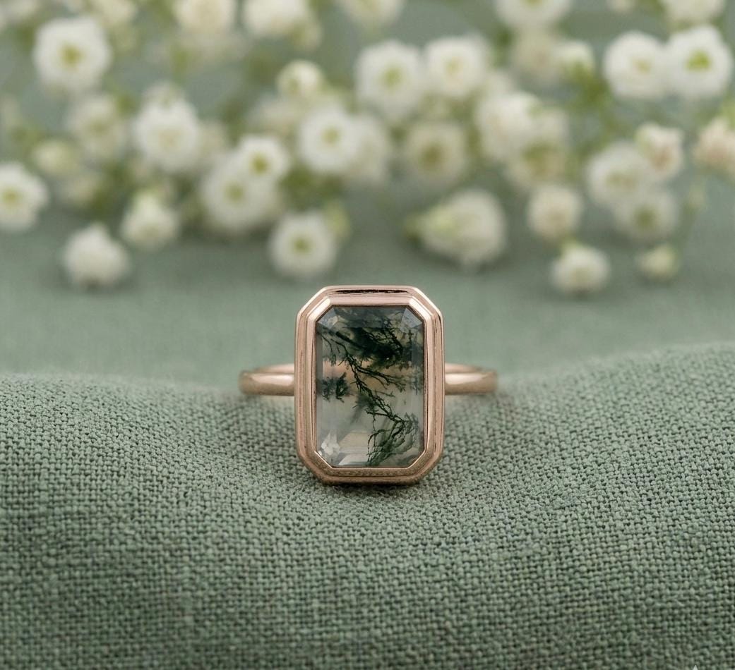 Moss Agate Hexagon Ring, Rose Gold Bezel, Sterling Silver, Nature Inspired Jewelry