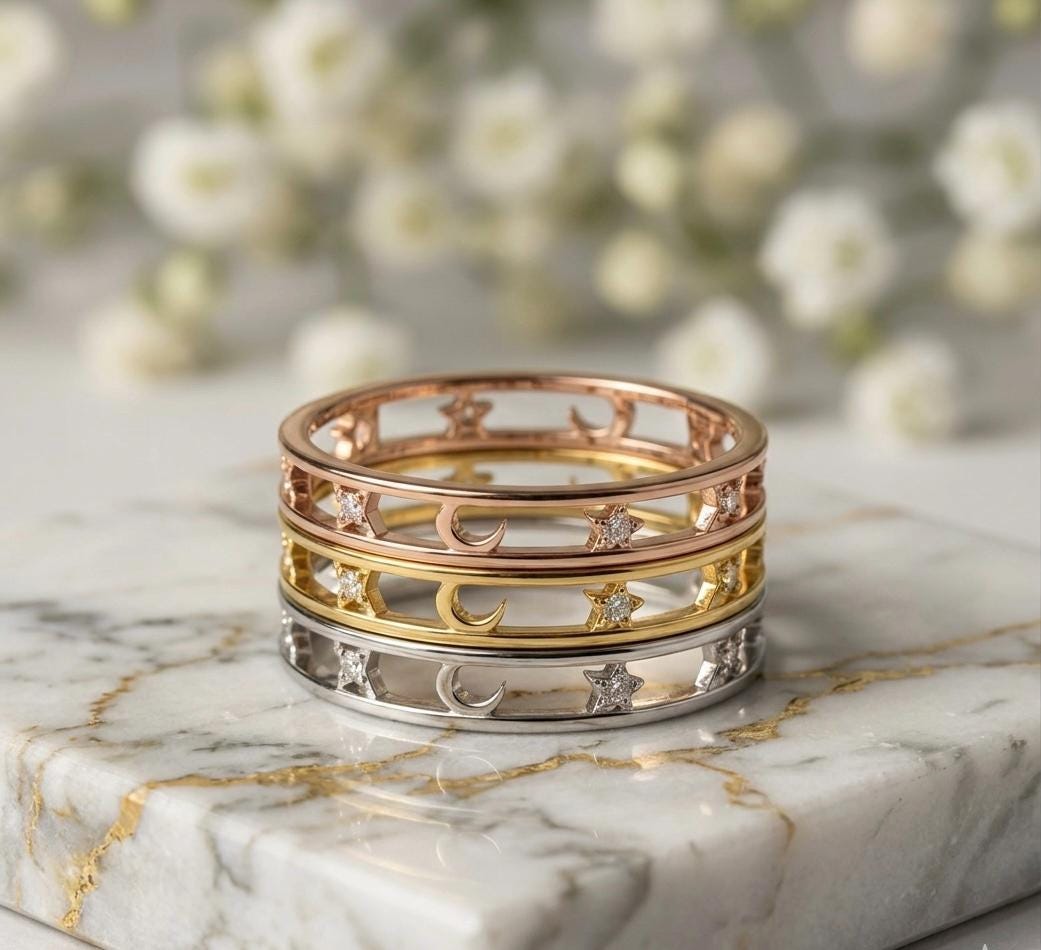 Celestial Moon Star Cut-Out Band – 925 Sterling Silver, Gold, Rose Gold Stacking