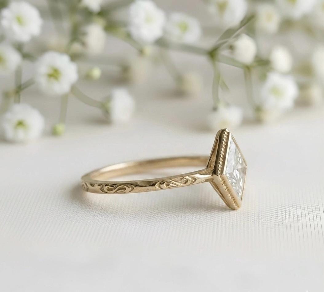 Kite Cut Moissanite Ring, Vintage Art Deco Bezel Setting With Milgrain, Hand-Engraved Band, Geometric Bridal Promise Ring