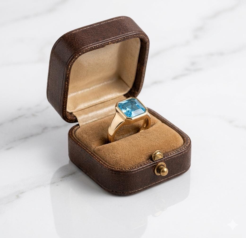 Emerald Cut Aquamarine Signet Ring, Yellow Gold Bezel Setting, March Birthstone Jewelry