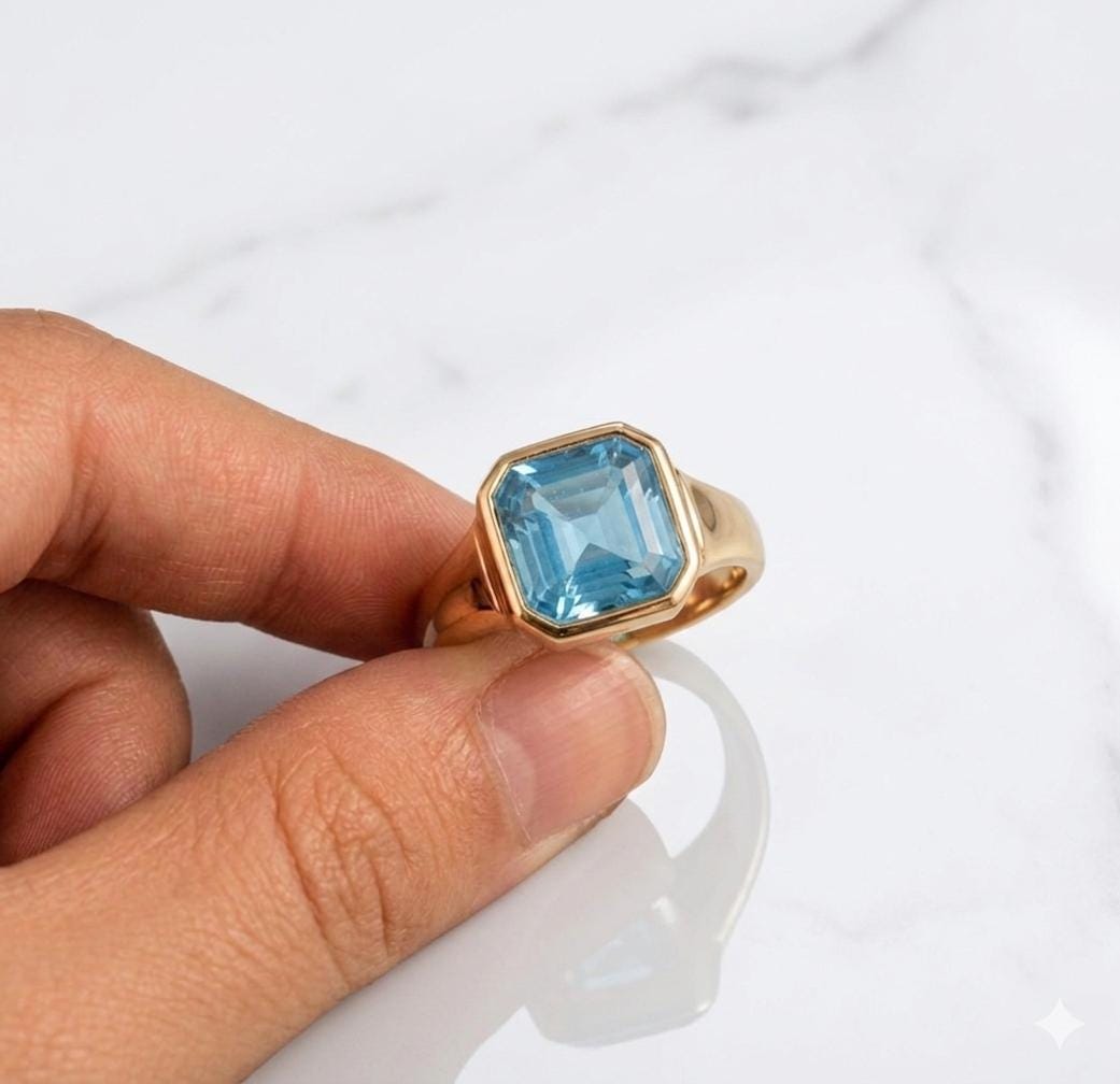 Emerald Cut Aquamarine Signet Ring, Yellow Gold Bezel Setting, March Birthstone Jewelry