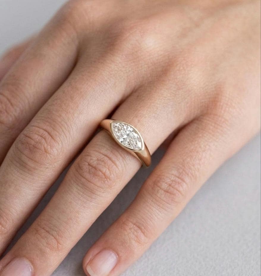 Marquise Moissanite Ring, 14K Yellow Gold Bezel Set, Minimalist Tapered Band Bridal Statement Ring