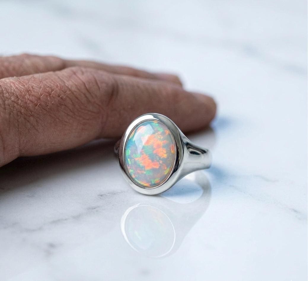 Oval Ethiopian Opal Signet Ring, 925 Sterling Silver Statement Band, October Birthstone Jewelry