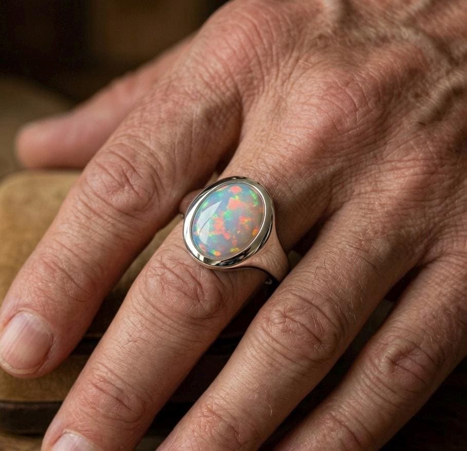 Oval Ethiopian Opal Signet Ring, 925 Sterling Silver Statement Band, October Birthstone Jewelry