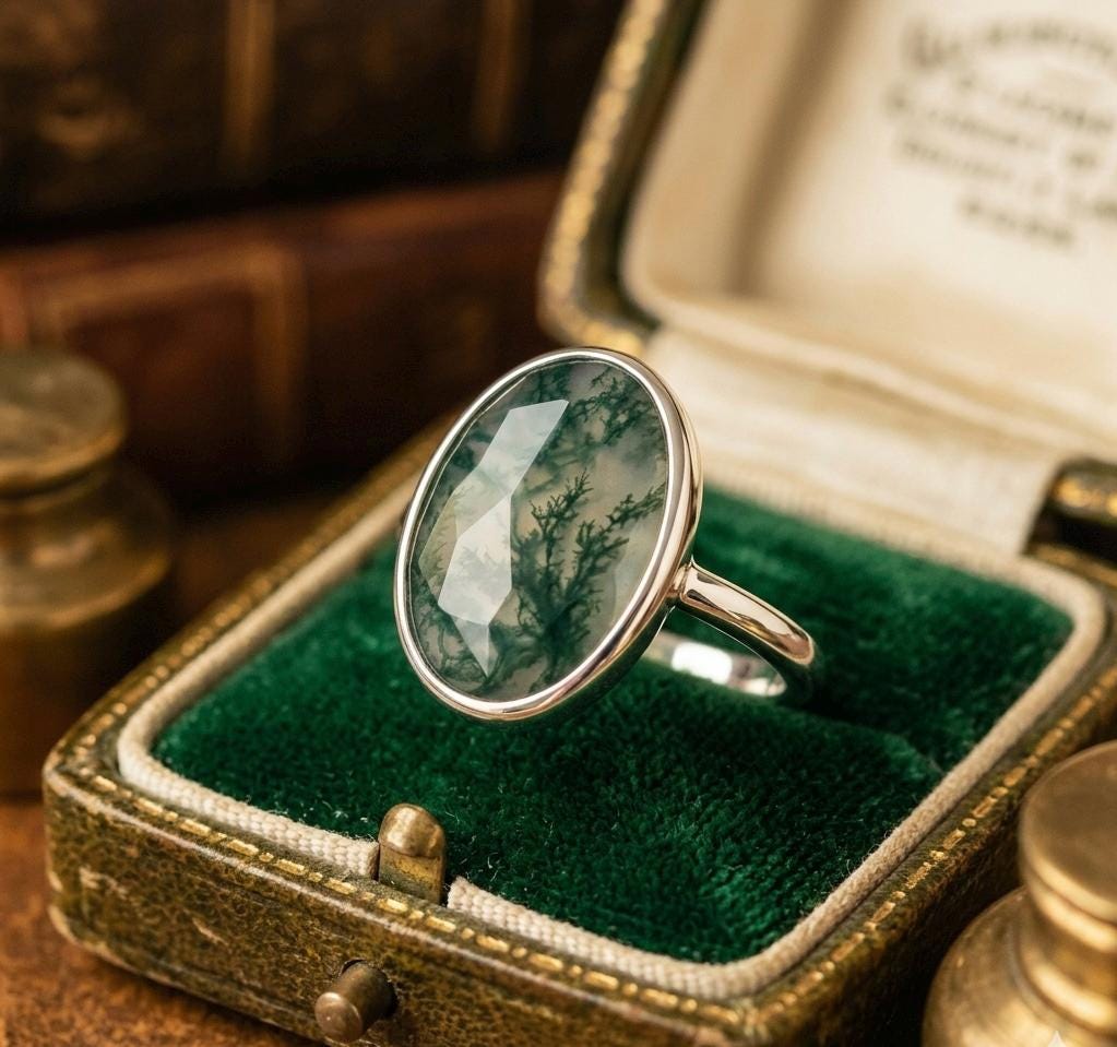 Natural Moss Agate Ring, Oval Faceted Sterling Silver Statement, Nature Inspired Boho Jewelry
