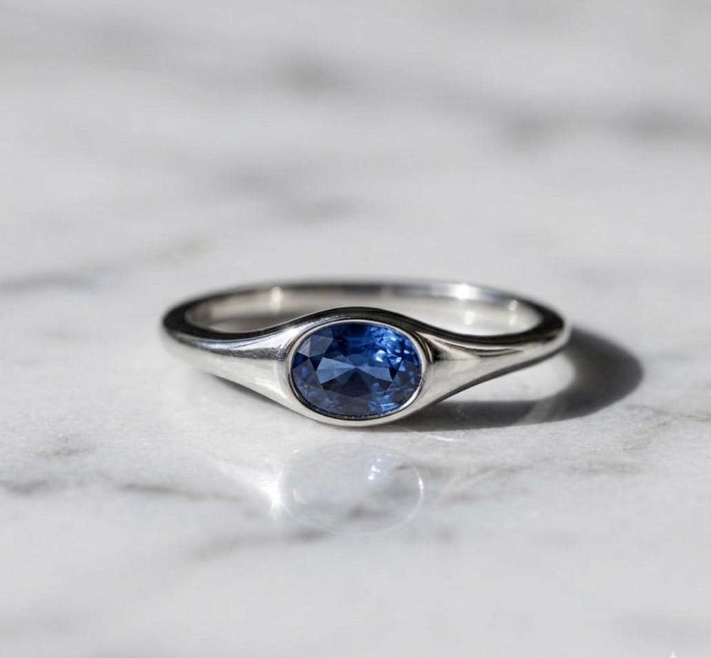 Oval Blue Sapphire Bezel Ring, 925 Sterling Silver, Minimalist Signet Band, September Birthstone Solitaire