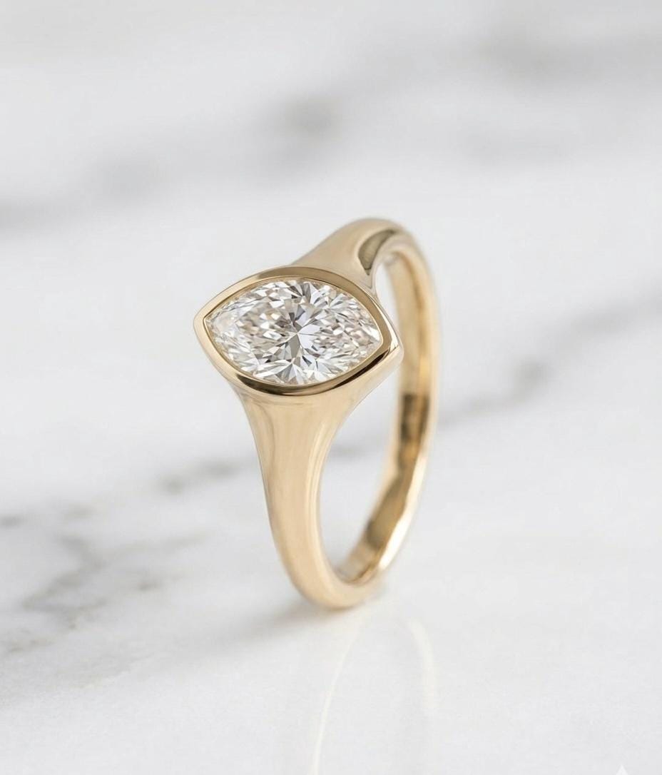 Marquise Moissanite Ring, Bezel Set, Tapered Band, 14K Yellow Gold Bridal Ring