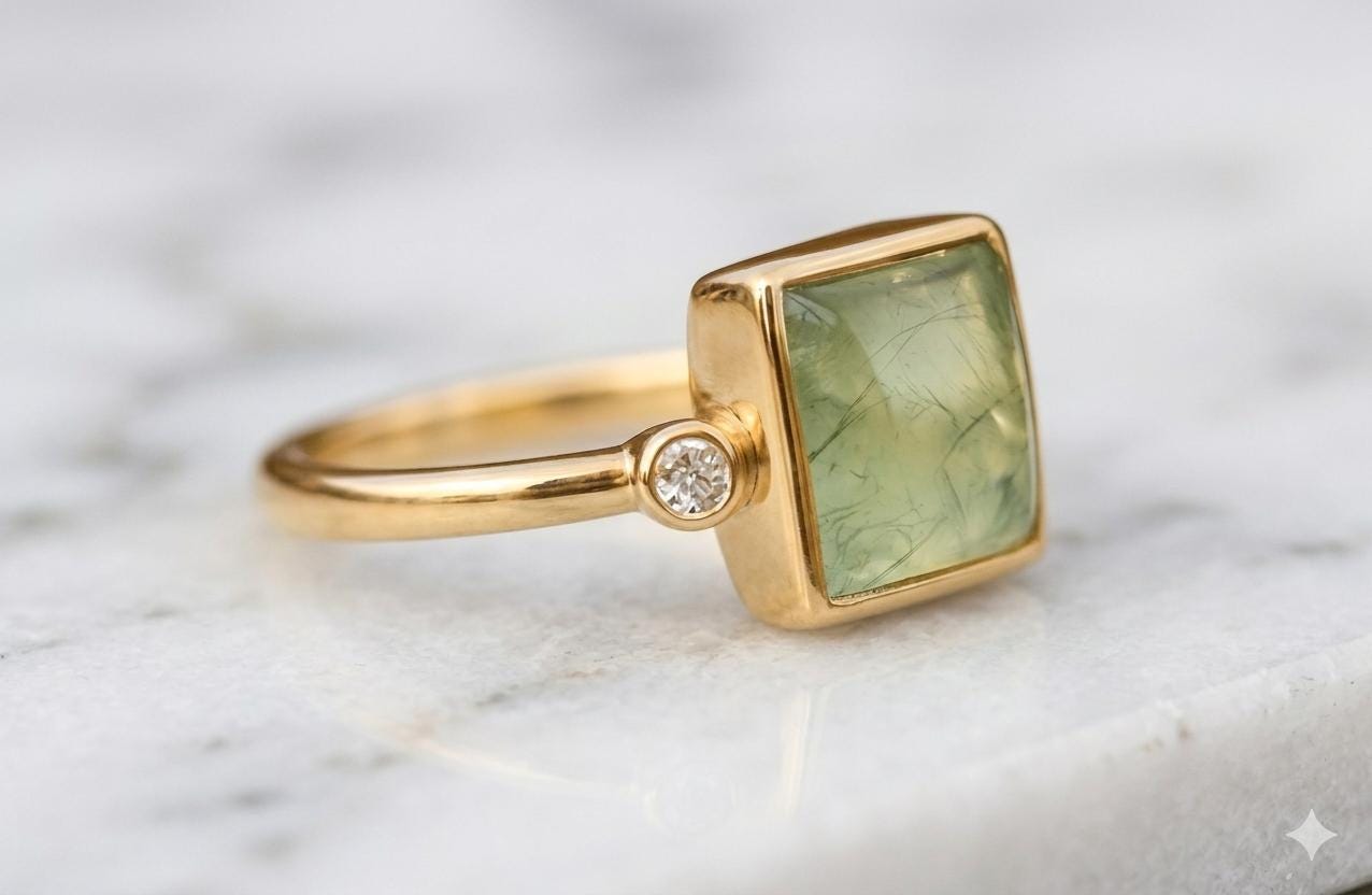 Natural Prehnite Three Stone Ring, Bezel Set Sterling Silver, Minimalist Jewelry