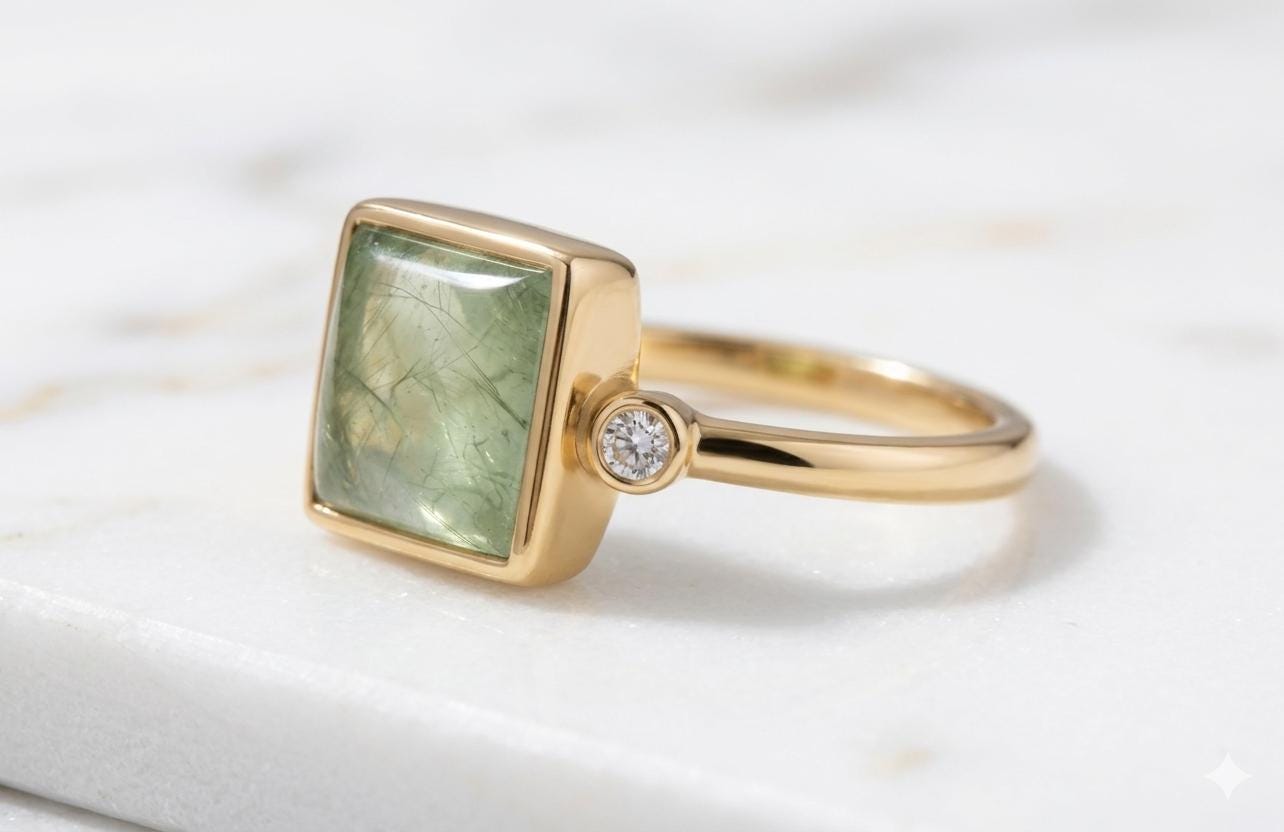Natural Prehnite Three Stone Ring, Bezel Set Sterling Silver, Minimalist Jewelry
