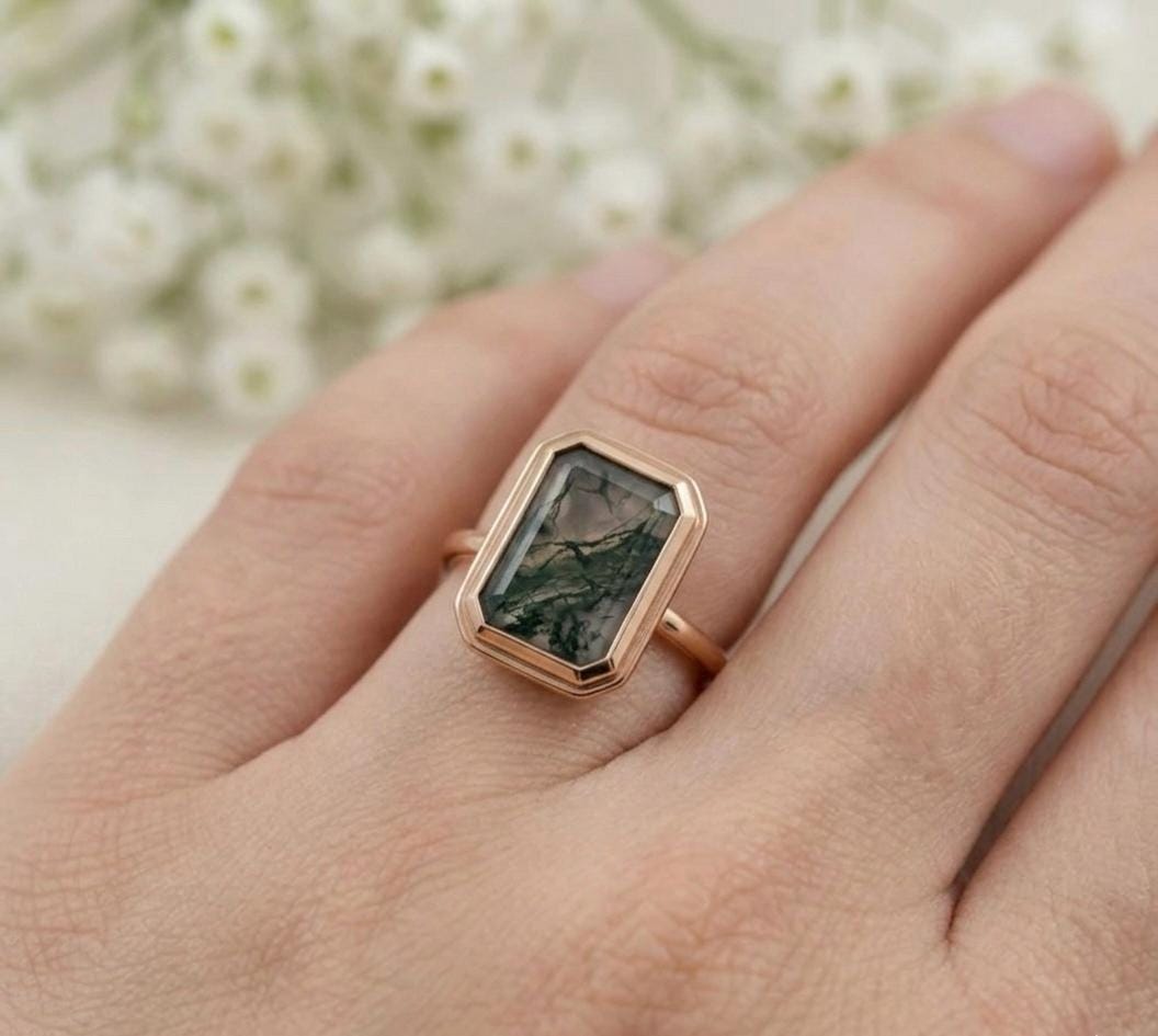 Moss Agate Hexagon Ring, Rose Gold Bezel, Sterling Silver, Nature Inspired Jewelry