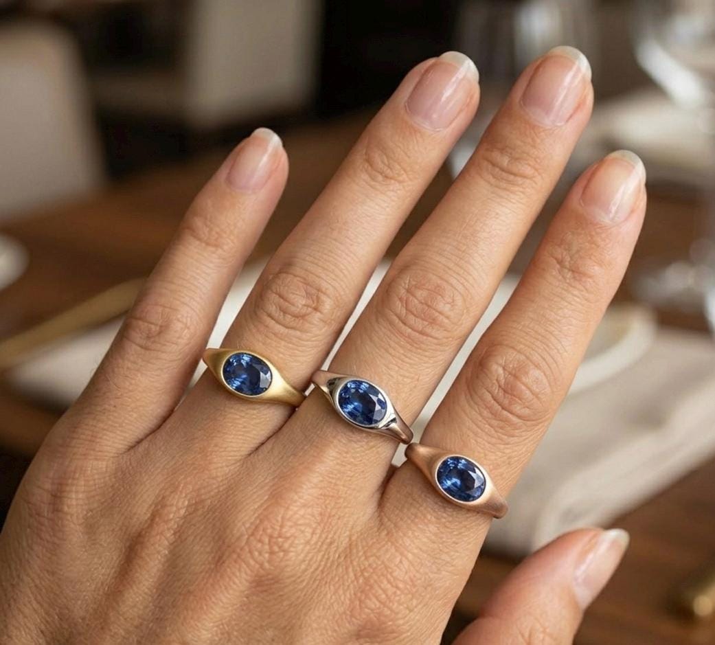 Oval Blue Sapphire Bezel Ring, 925 Sterling Silver, Minimalist Signet Band, September Birthstone Solitaire