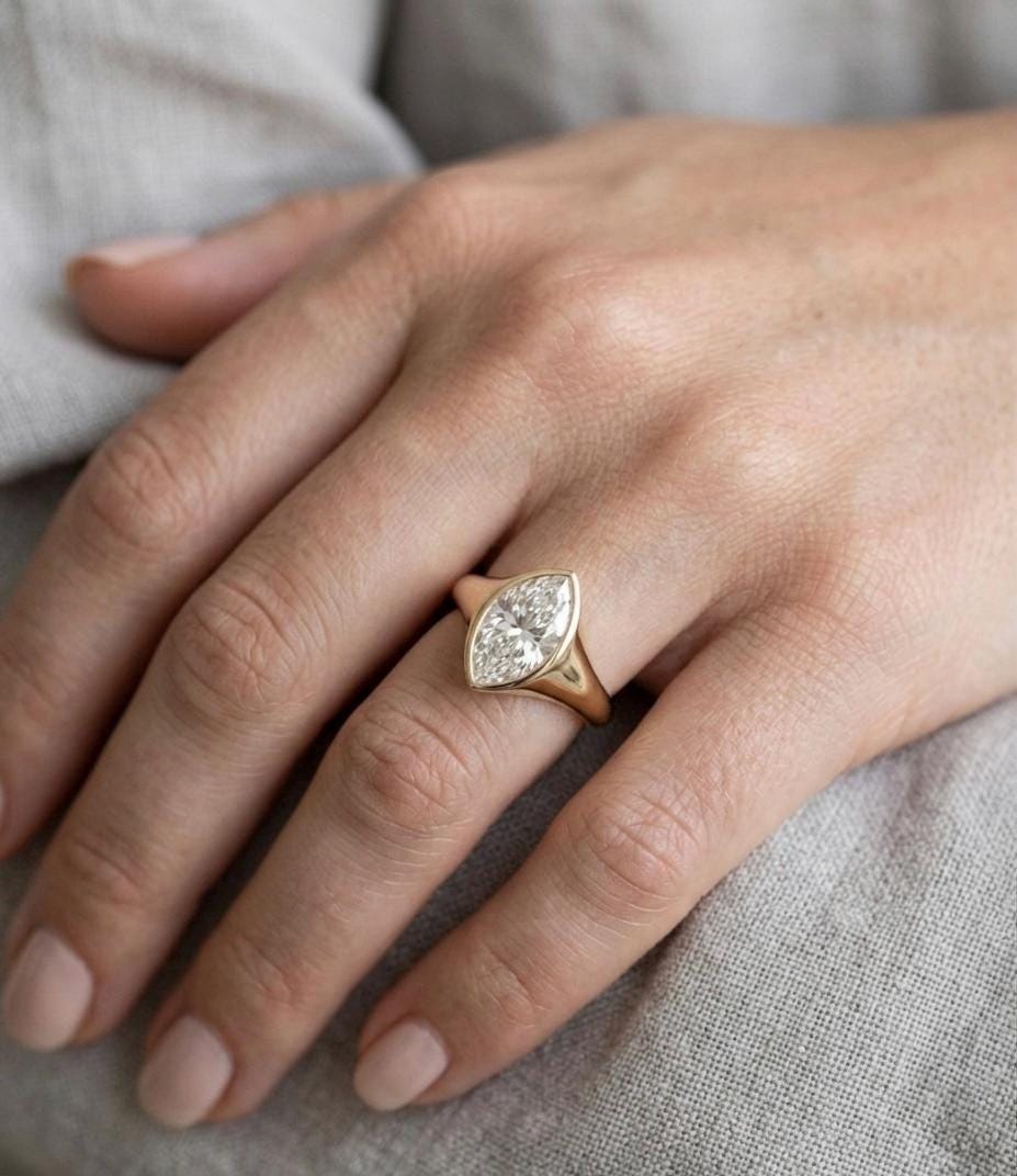 Marquise Moissanite Ring, Bezel Set, Tapered Band, 14K Yellow Gold Bridal Ring