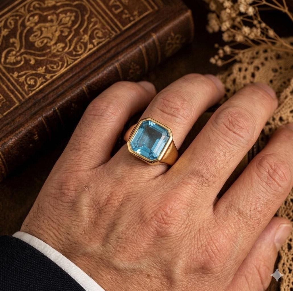 Emerald Cut Aquamarine Signet Ring, Yellow Gold Bezel Setting, March Birthstone Jewelry