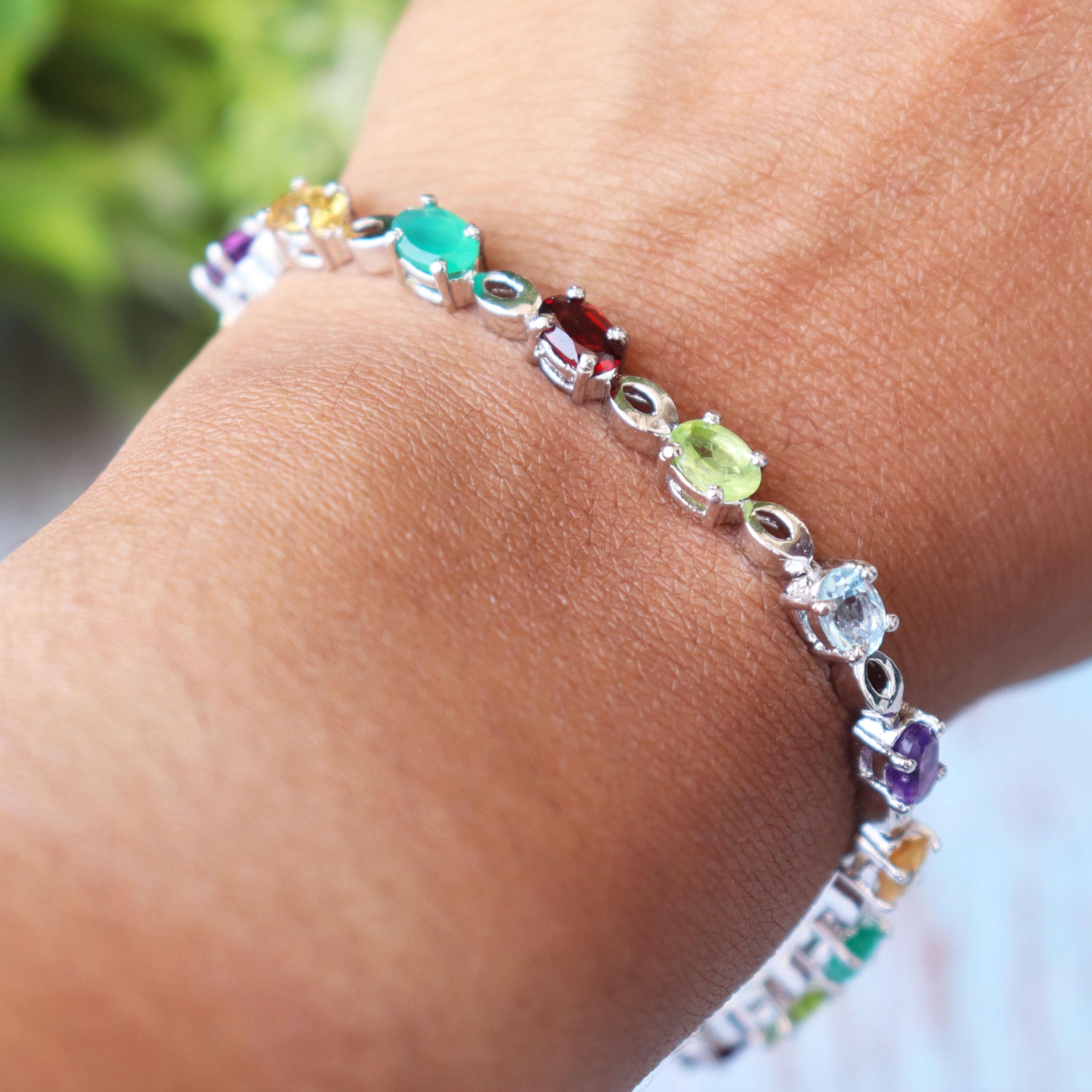 Multi Gemstone Sterling Silver Bracelet, Oval Cut Rainbow Colors, Birthstone Jewelry