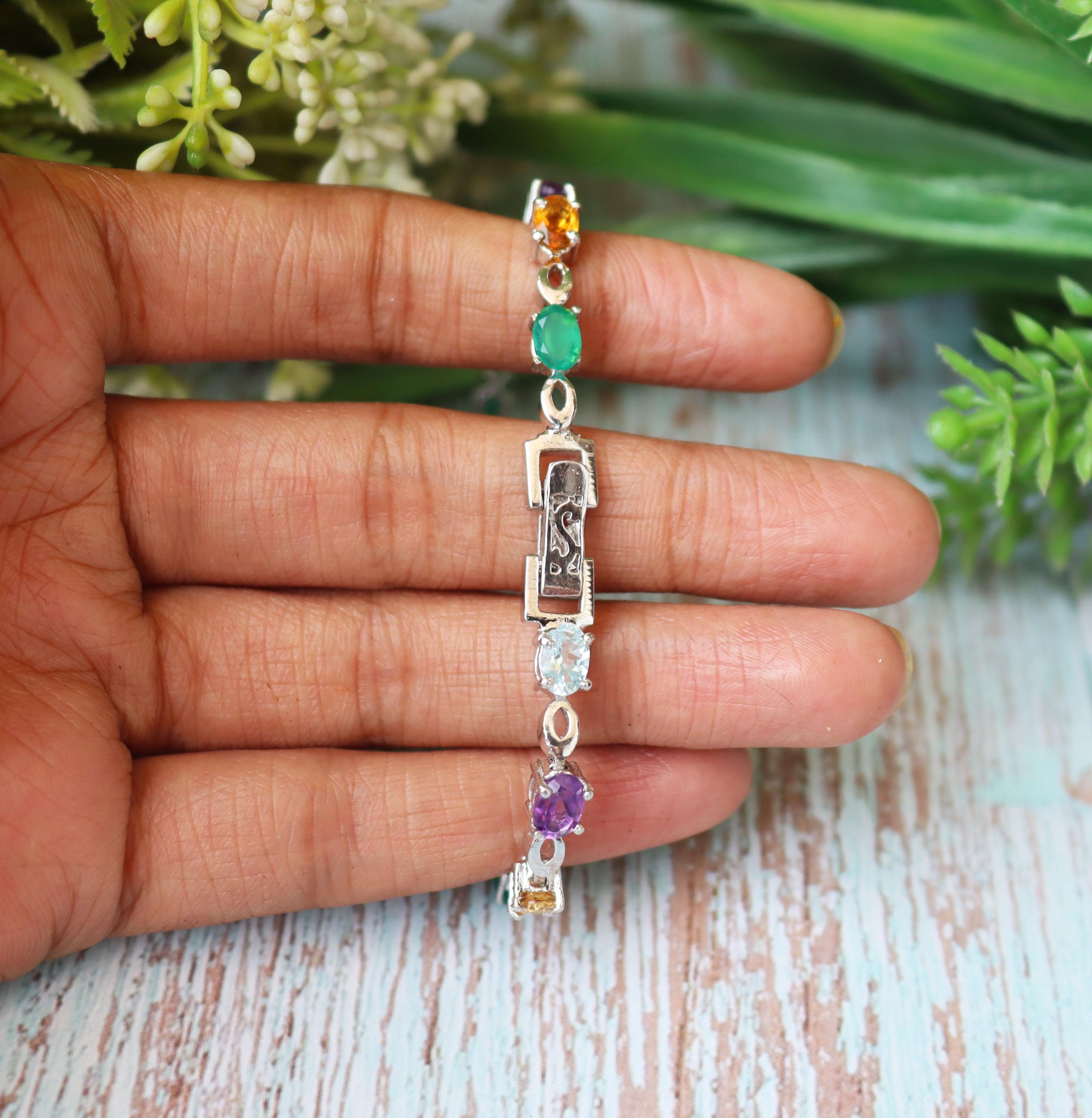 Multi Gemstone Sterling Silver Bracelet, Oval Cut Rainbow Colors, Birthstone Jewelry