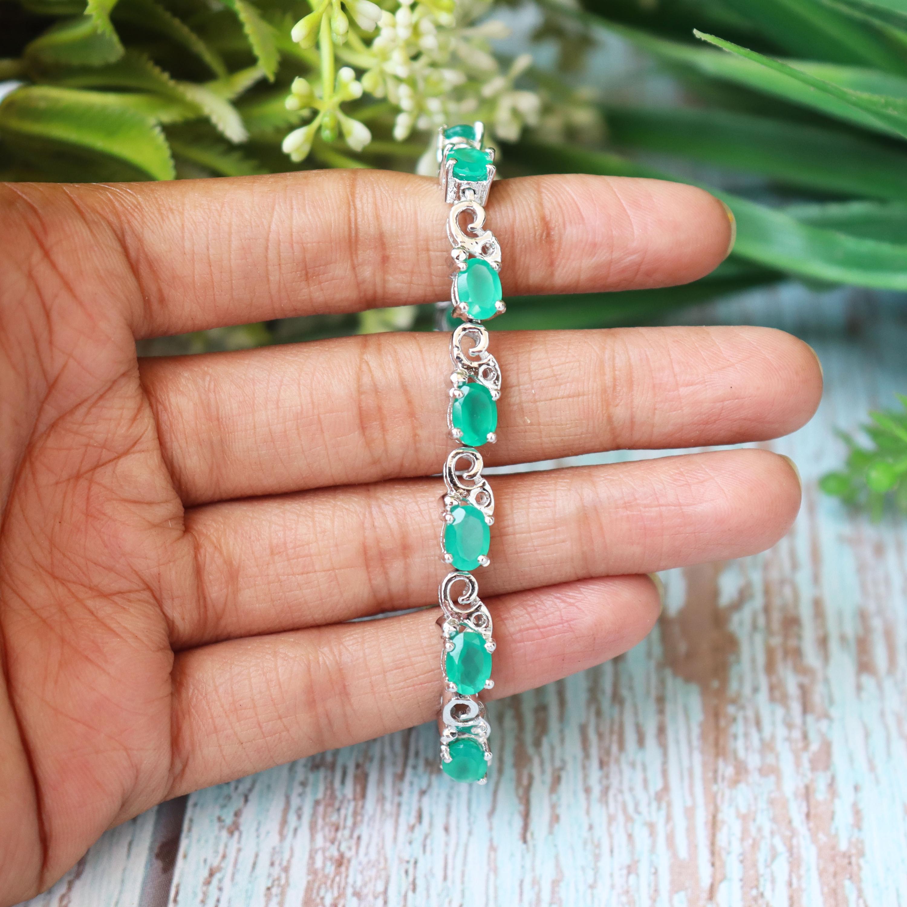Green Onyx Oval Cut Sterling Silver Bracelet, Dainty May Birthstone Jewelry