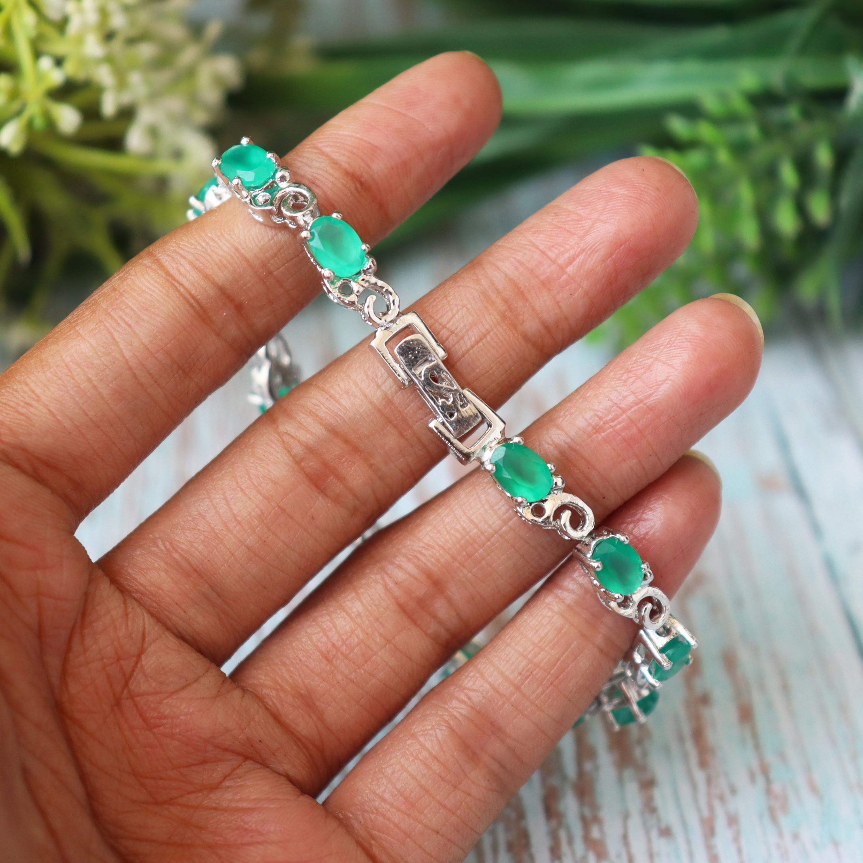 Green Onyx Oval Cut Sterling Silver Bracelet, Dainty May Birthstone Jewelry