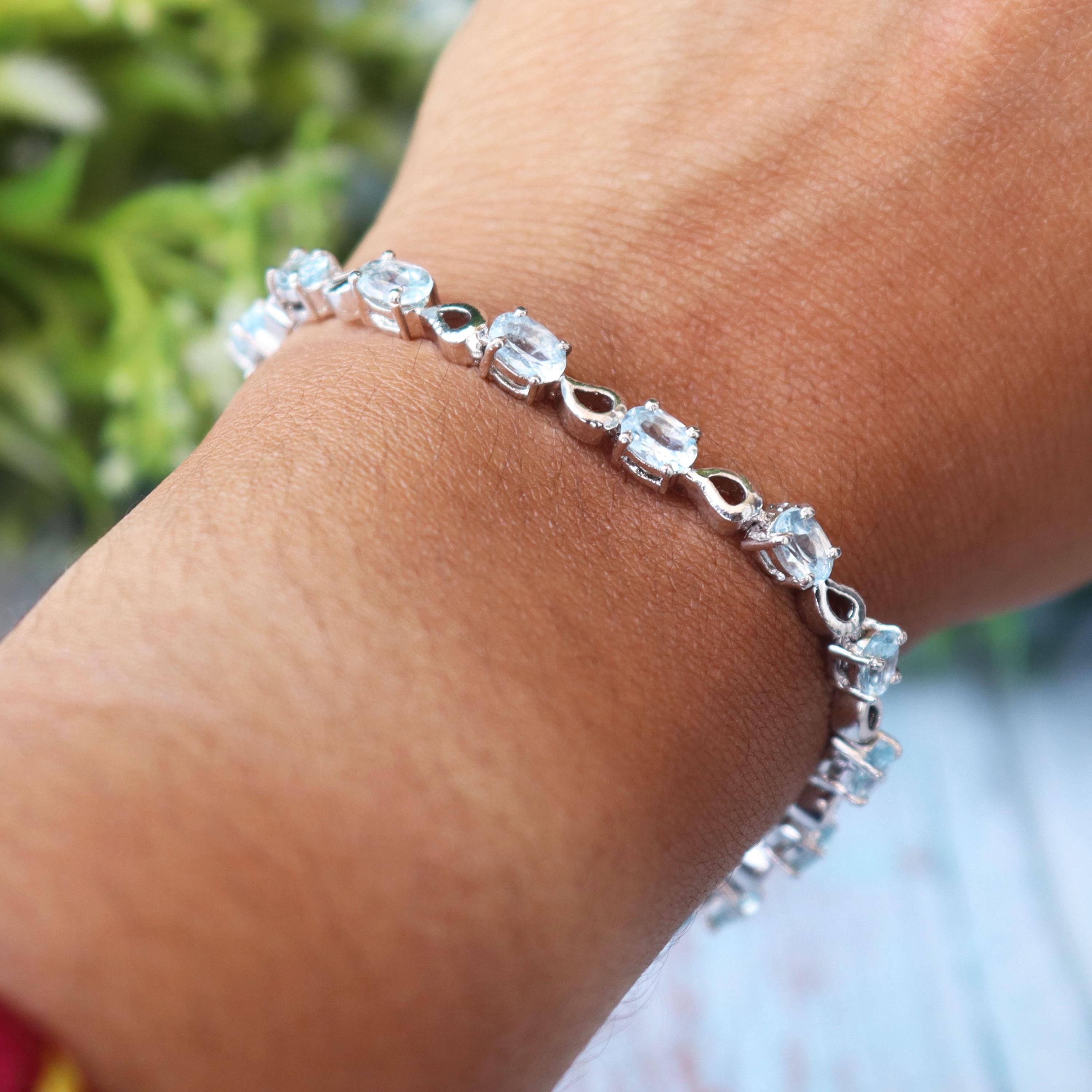 Sterling Silver Blue Topaz Oval Cut Bracelet, Dainty Sky Blue Gemstone Jewelry