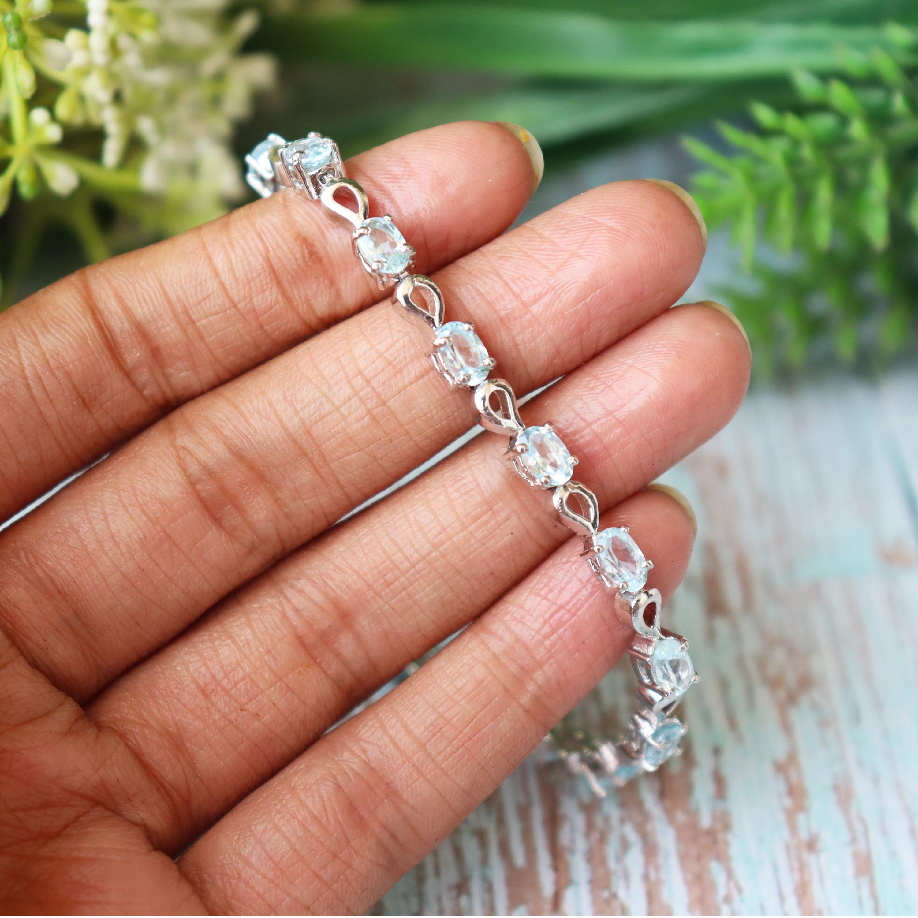 Sterling Silver Blue Topaz Oval Cut Bracelet, Dainty Sky Blue Gemstone Jewelry
