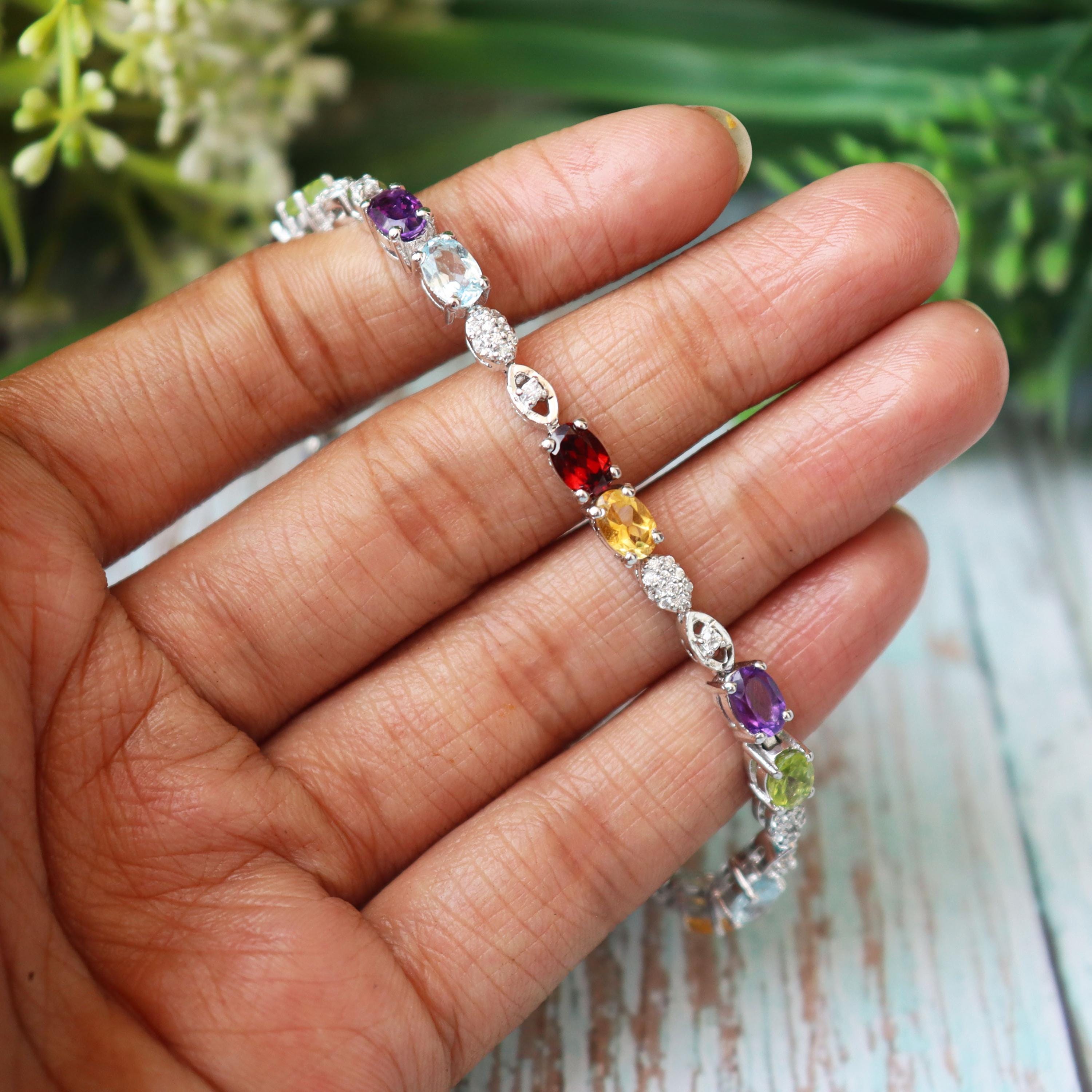 Multi Gemstone Tennis Bracelet, 925 Sterling Silver, Oval Cut Rainbow Crystals, Elegant Statement Jewelry