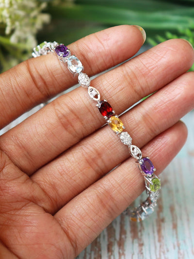 Multi Gemstone Tennis Bracelet, 925 Sterling Silver, Oval Cut Rainbow Crystals, Elegant Statement Jewelry