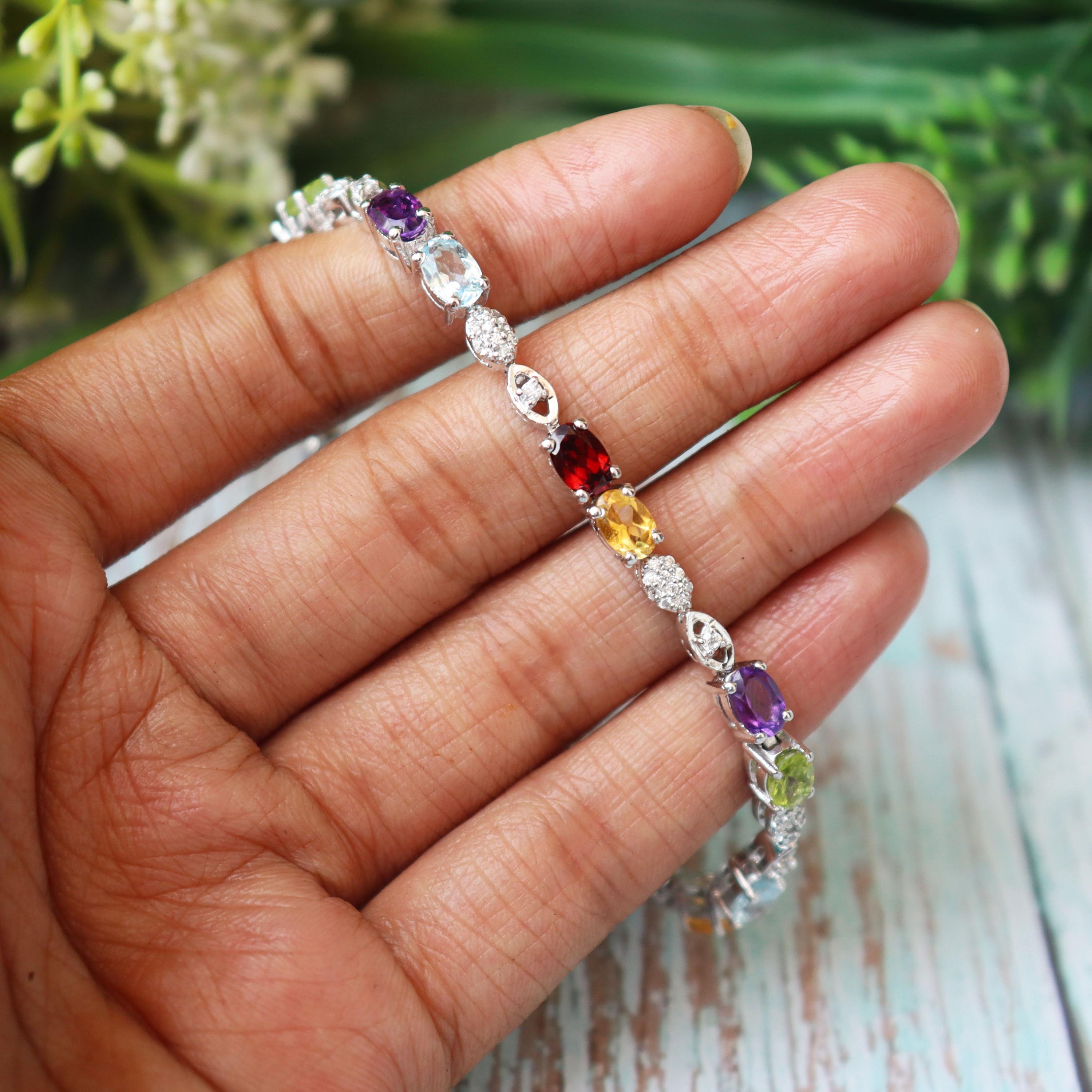 Multi Gemstone Tennis Bracelet, 925 Sterling Silver, Oval Cut Rainbow Crystals, Elegant Statement Jewelry