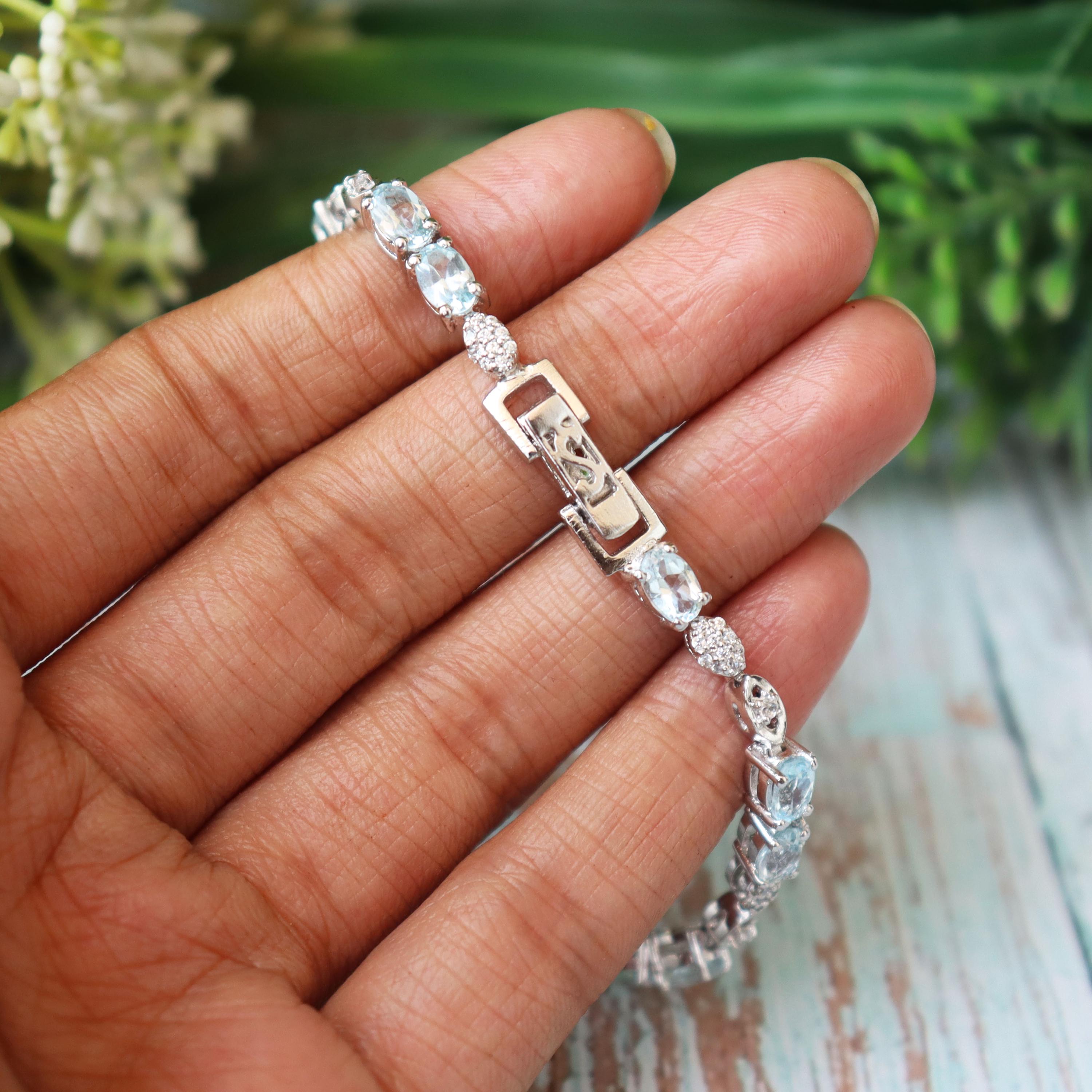 Oval Blue Topaz Tennis Bracelet, Sterling Silver, December Birthstone, Elegant Sky Blue Gemstone