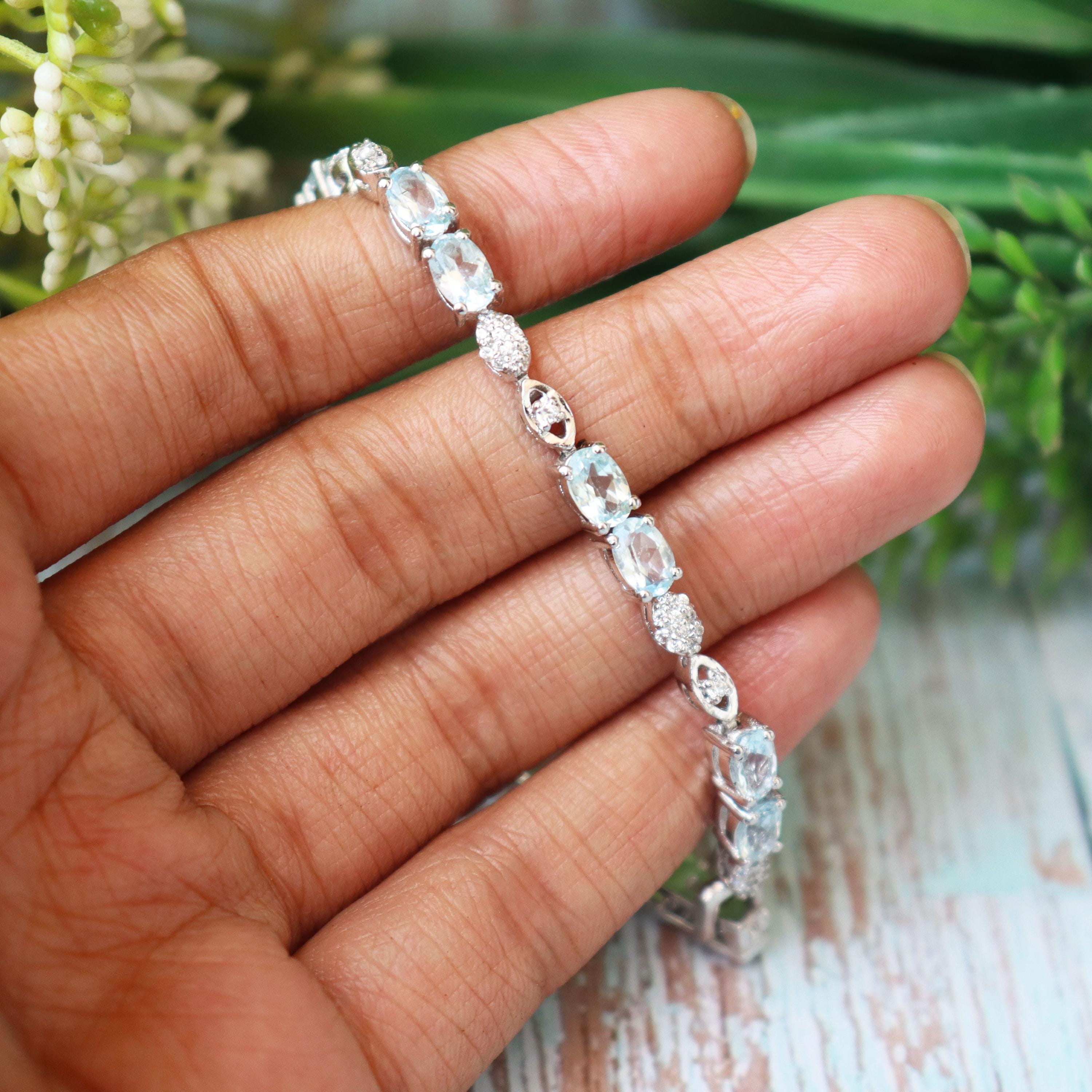 Oval Blue Topaz Tennis Bracelet, Sterling Silver, December Birthstone, Elegant Sky Blue Gemstone