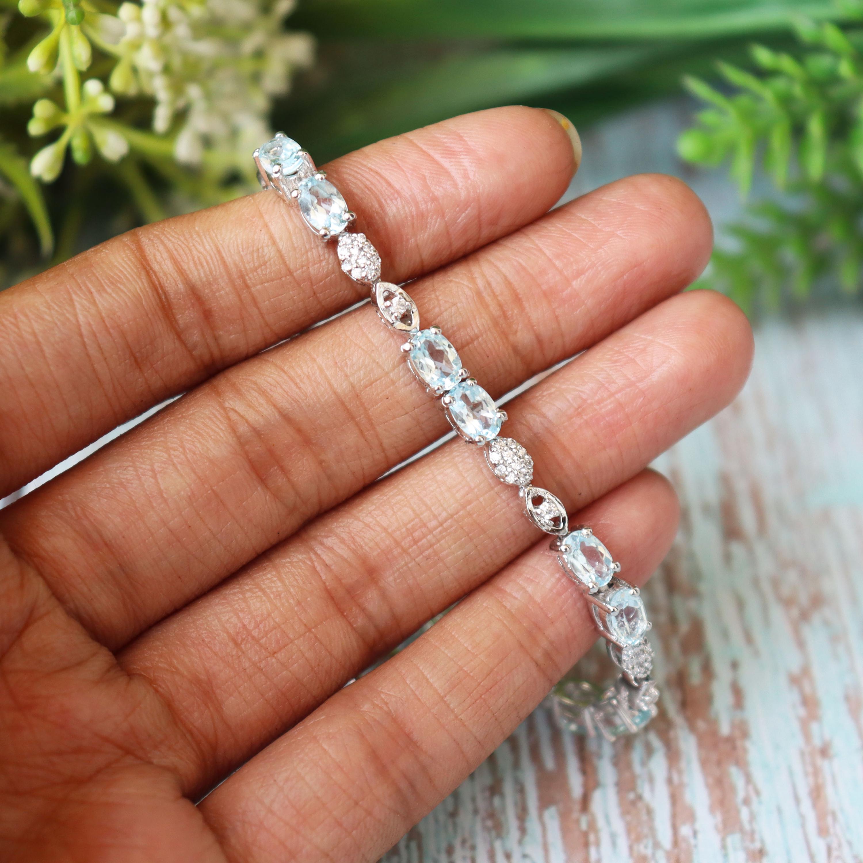 Oval Blue Topaz Tennis Bracelet, Sterling Silver, December Birthstone, Elegant Sky Blue Gemstone