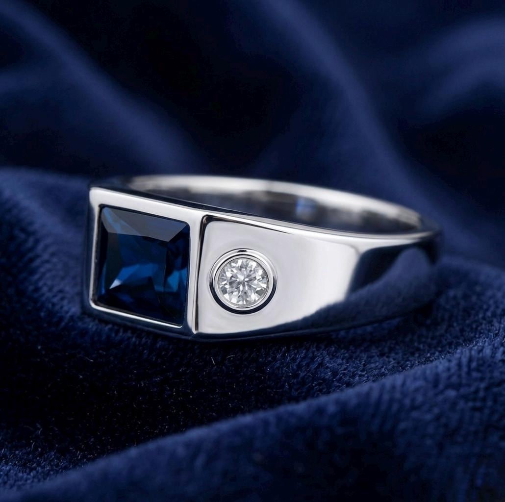 Sterling Silver Square Cut Blue Sapphire Signet Ring, Minimalist Moissanite Band