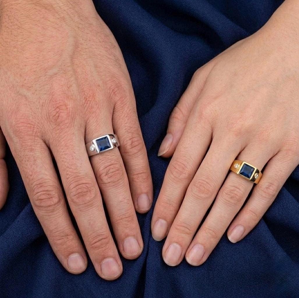 Sterling Silver Square Cut Blue Sapphire Signet Ring, Minimalist Moissanite Band