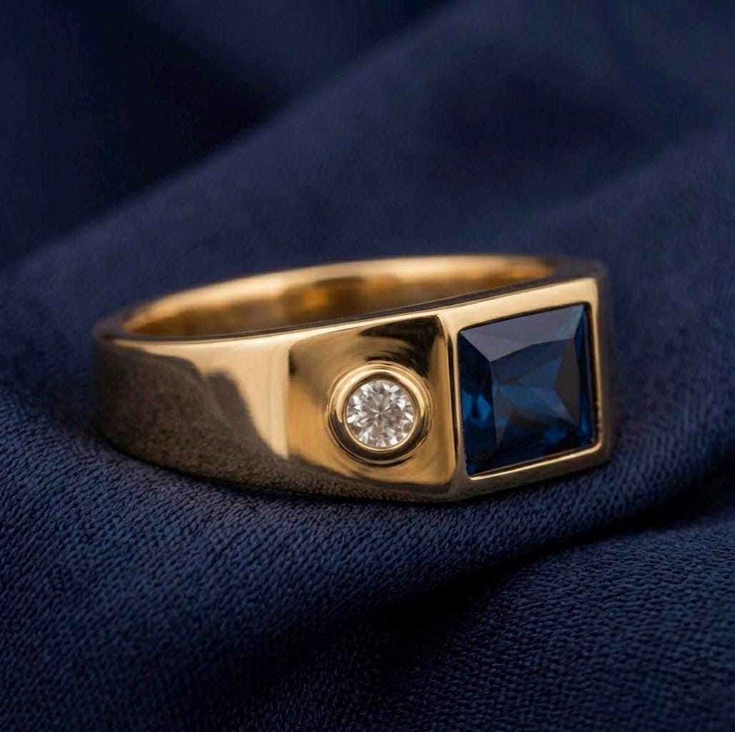 Sterling Silver Square Cut Blue Sapphire Signet Ring, Minimalist Moissanite Band
