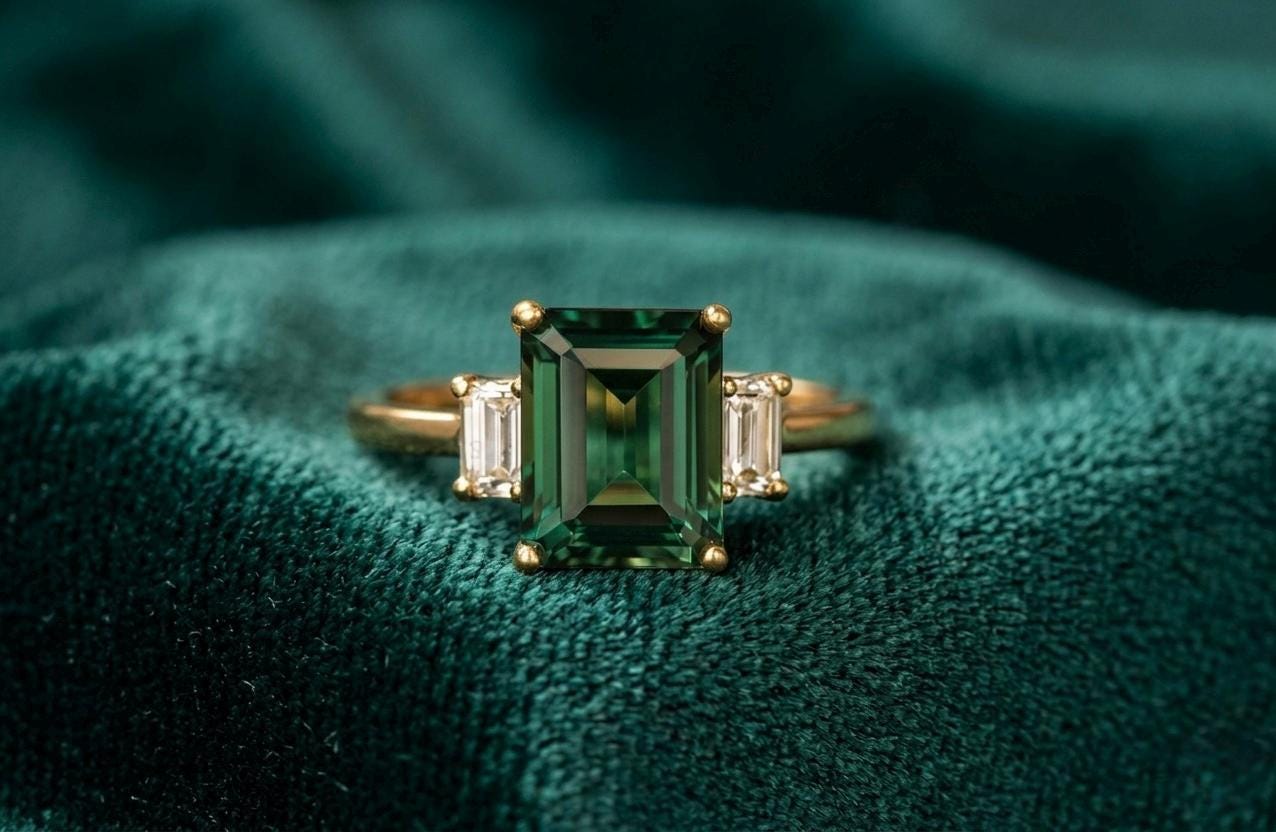 Emerald Cut Three Stone Ring, Yellow Gold Baguette Accents, Minimalist Statement Jewelry
