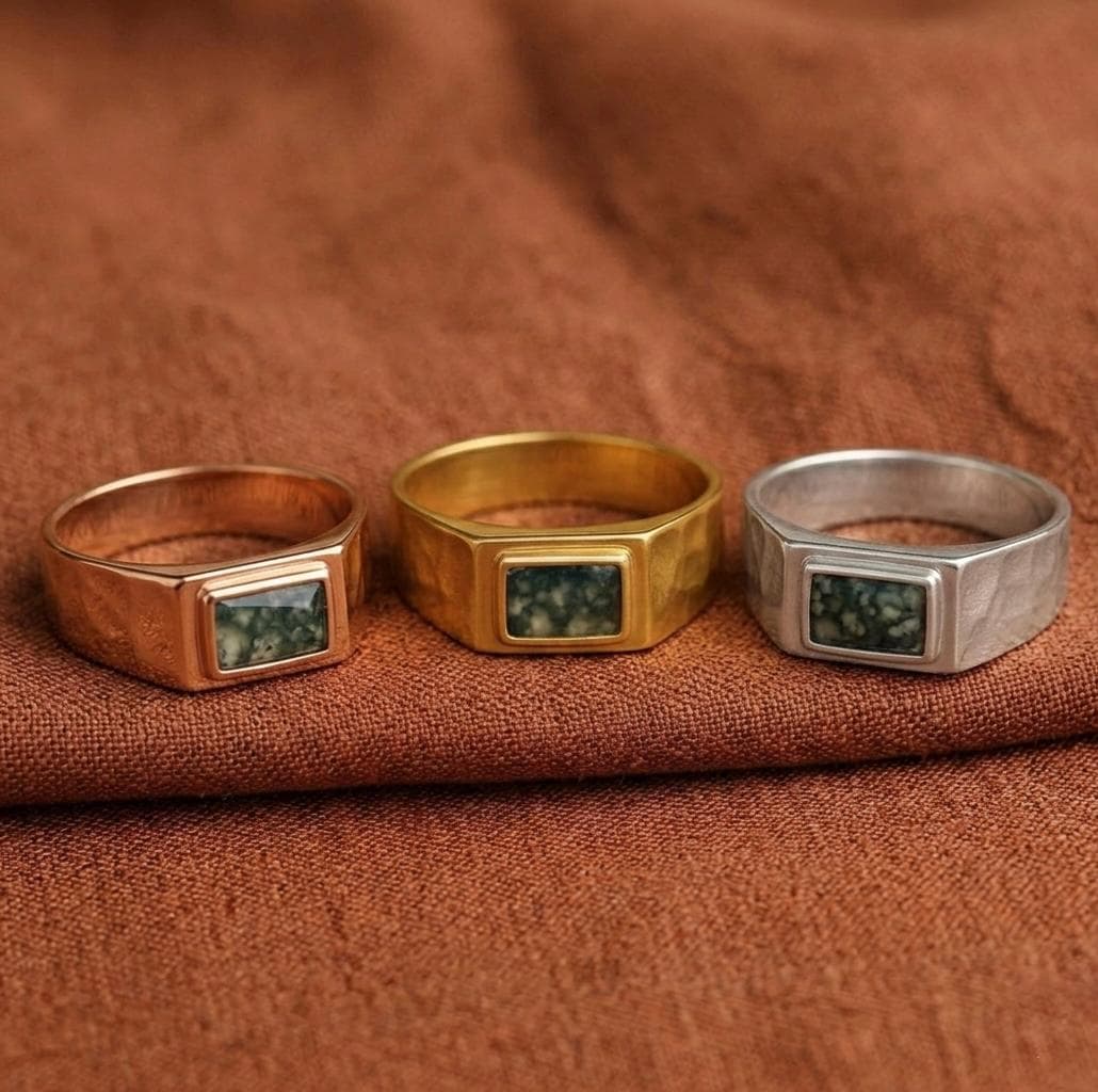 Men's Green Moss Agate Signet Ring, Rectangle Bezel Set Gold Band