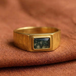 Men's Green Moss Agate Signet Ring, Rectangle Bezel Set Gold Band