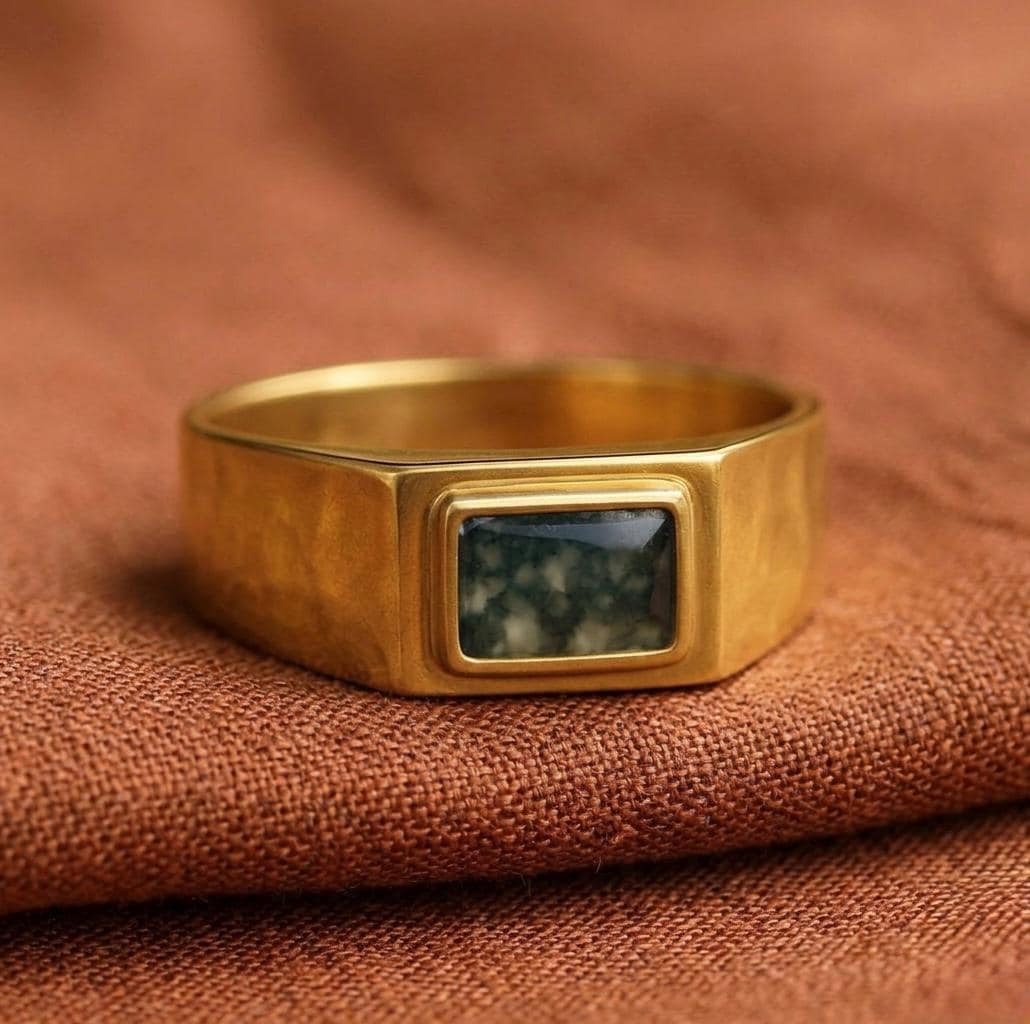 Men's Green Moss Agate Signet Ring, Rectangle Bezel Set Gold Band