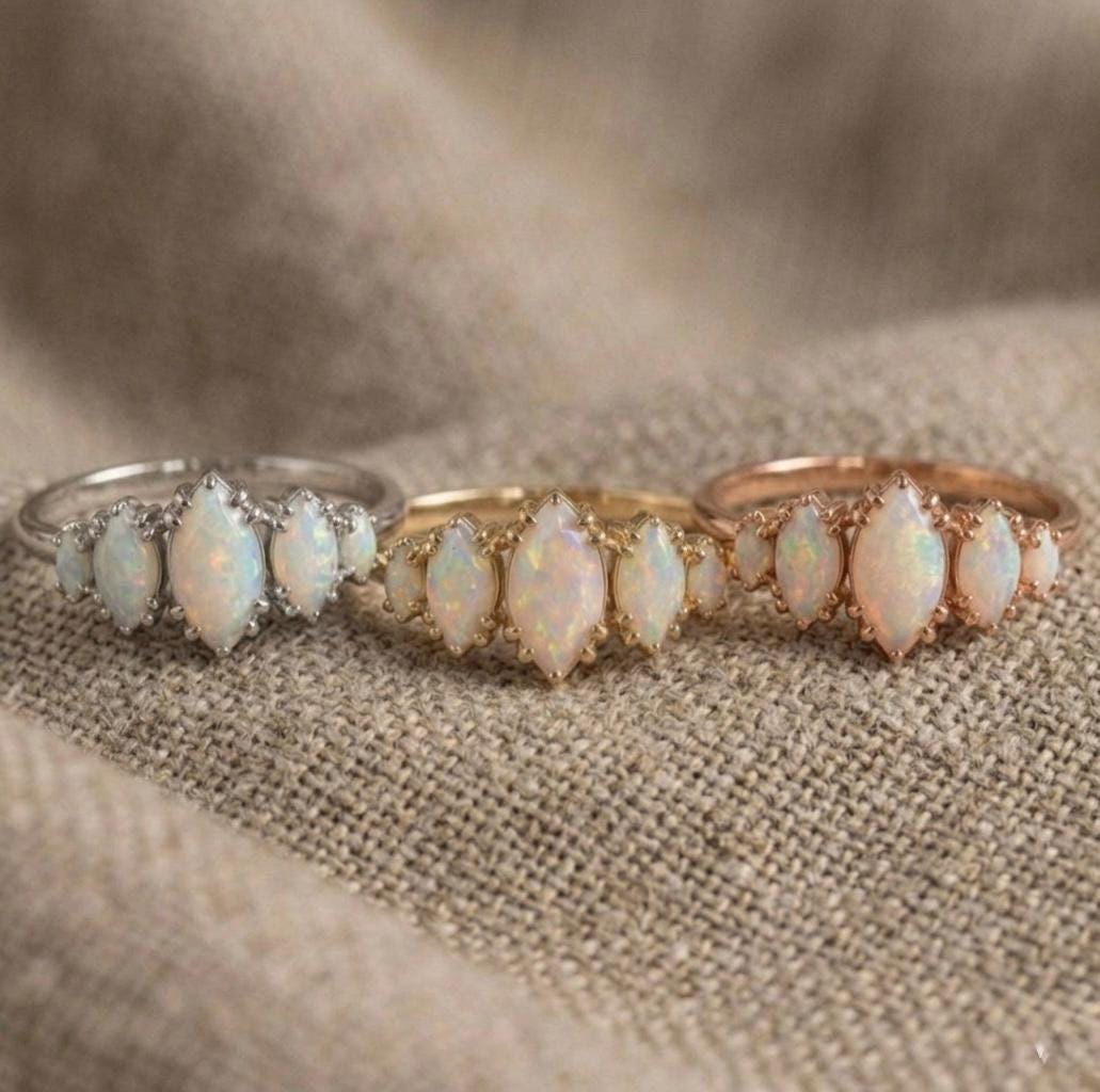 Marquise Opal Ring, Gold Plated, Vintage Inspired, Dainty Band, October Birthstone