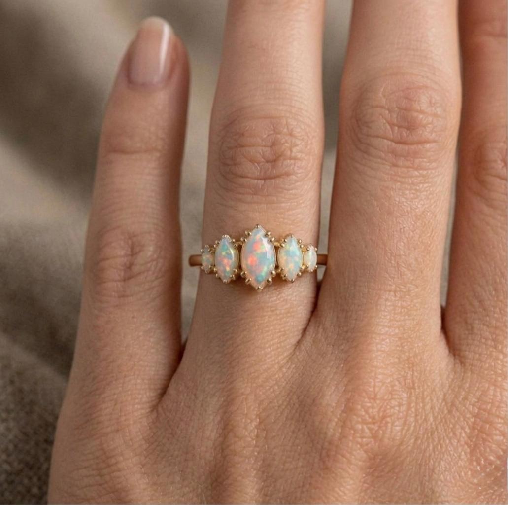 Marquise Opal Ring, Gold Plated, Vintage Inspired, Dainty Band, October Birthstone