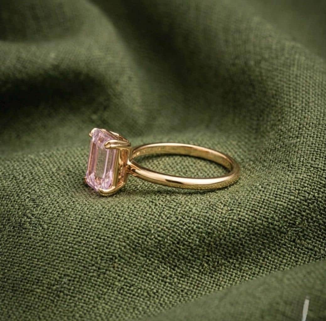 Emerald Cut Pink Sapphire Solitaire Ring, 14K Yellow Gold, Minimalist Pastel Statement