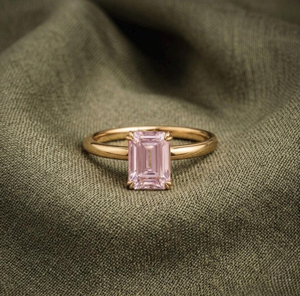 Emerald Cut Pink Sapphire Solitaire Ring, 14K Yellow Gold, Minimalist Pastel Statement