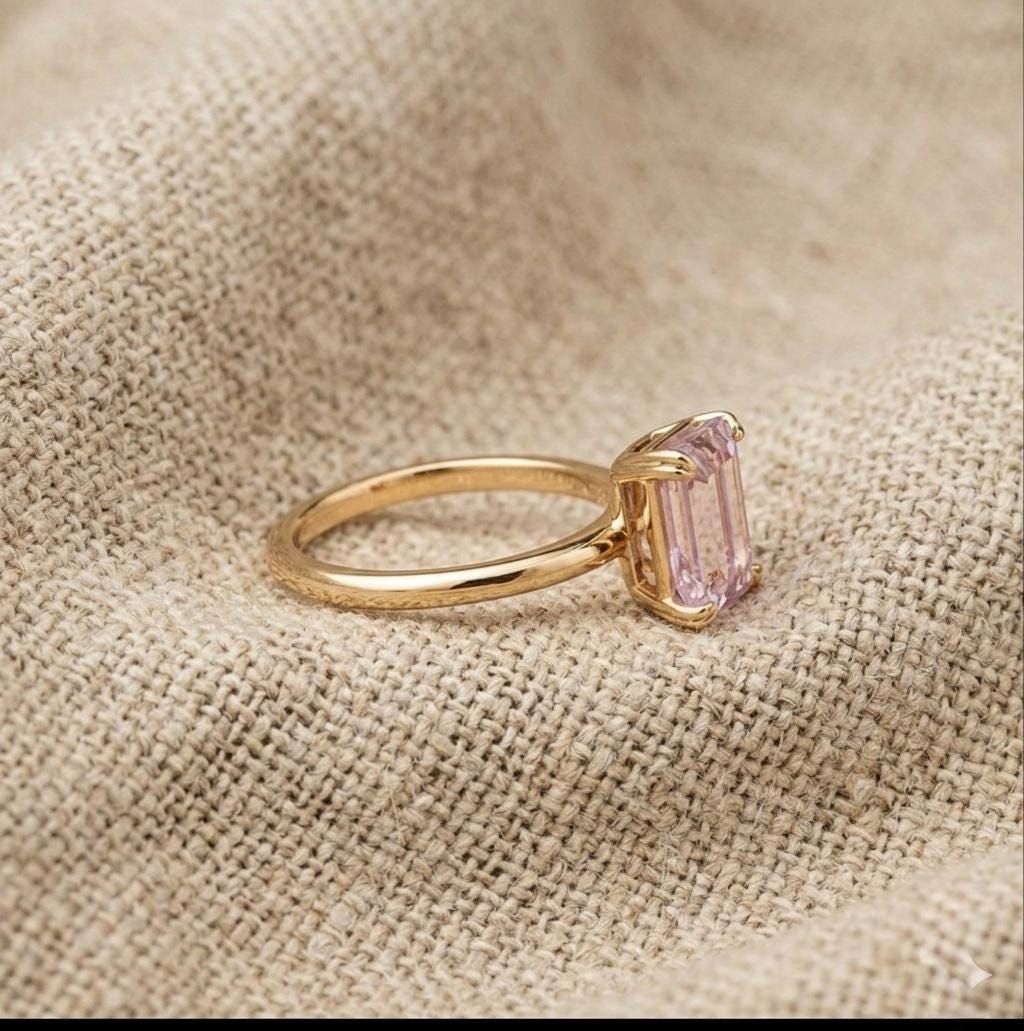 Emerald Cut Pink Sapphire Solitaire Ring, 14K Yellow Gold, Minimalist Pastel Statement