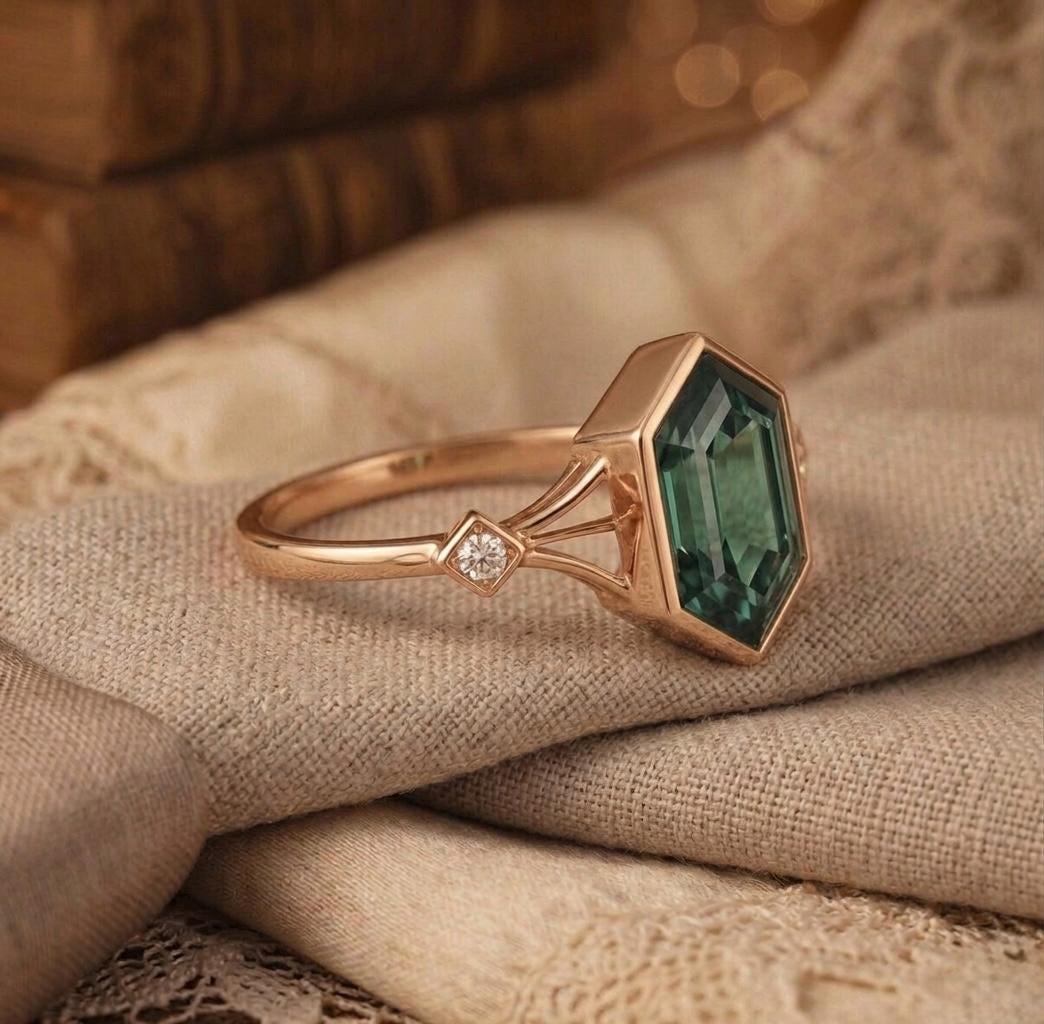 Hexagon Cut Emerald Ring, Sterling Silver, Boho Geometric Anniversary Gift