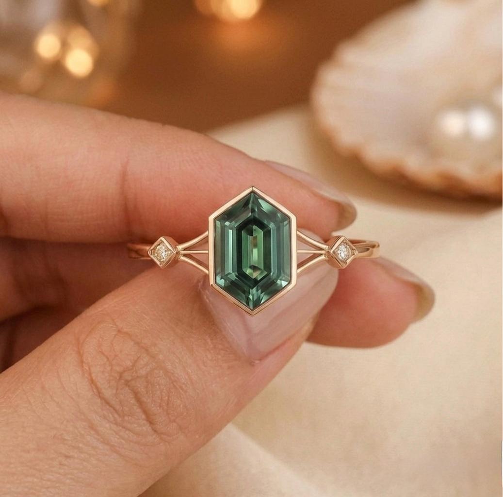 Hexagon Cut Emerald Ring, Sterling Silver, Boho Geometric Anniversary Gift