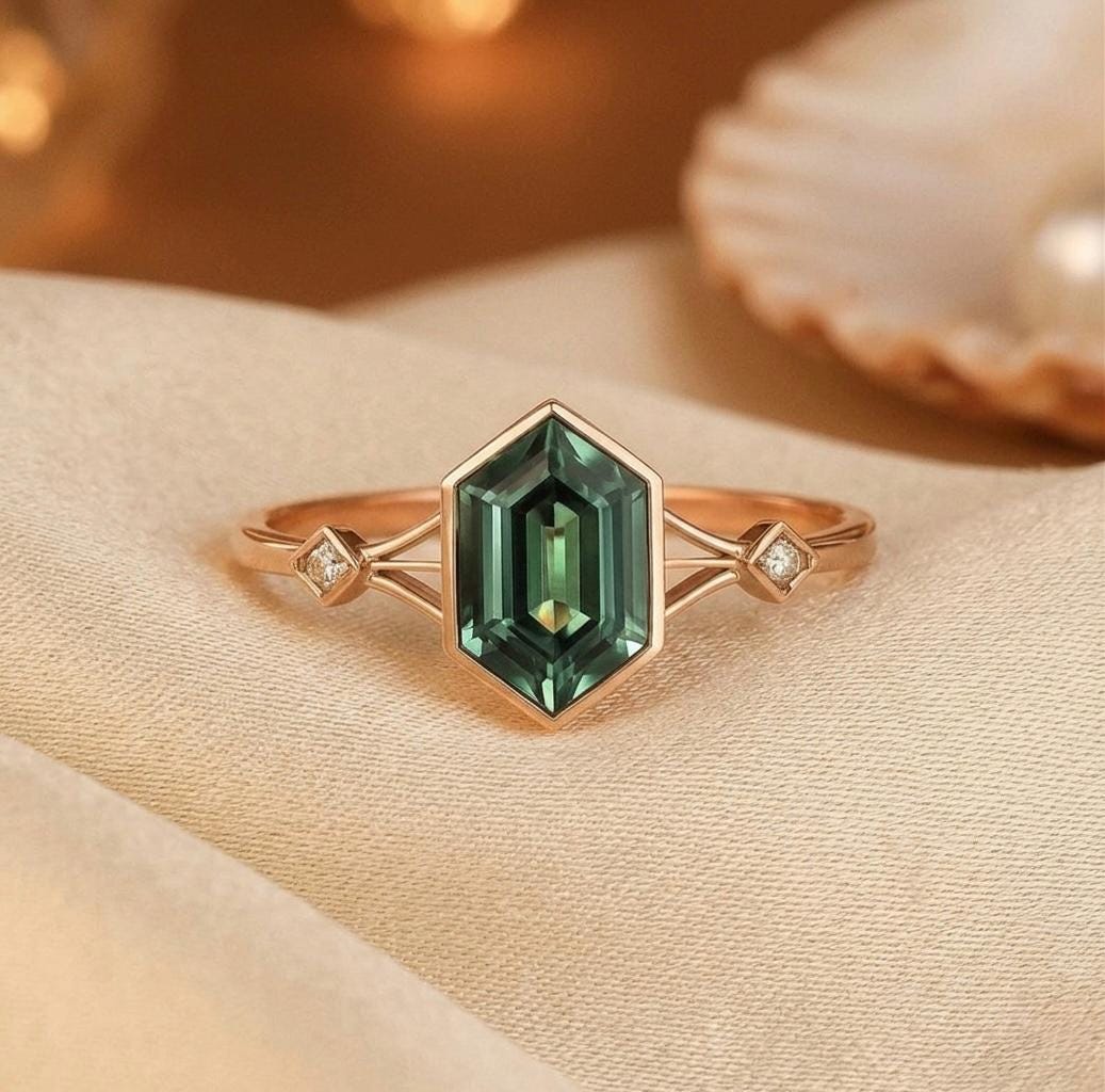 Hexagon Cut Emerald Ring, Sterling Silver, Boho Geometric Anniversary Gift