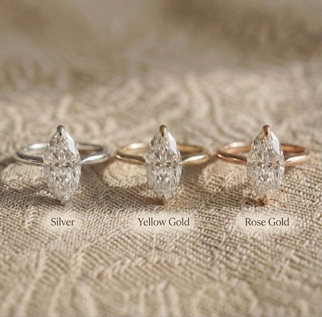 Marquise Moissanite Solitaire Ring, 14K Gold V-Prong Wedding Band