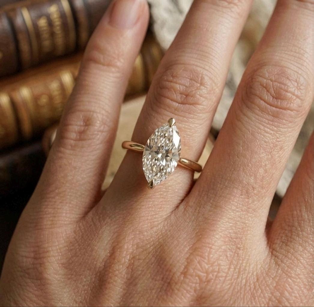 Marquise Moissanite Solitaire Ring, 14K Gold V-Prong Wedding Band