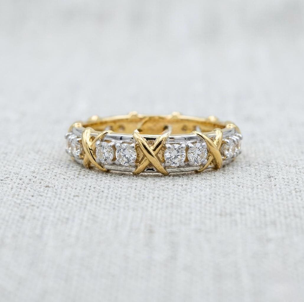 Two-Tone Moissanite Eternity Band Ring, Sterling Silver Gold Cross Stitch Motif