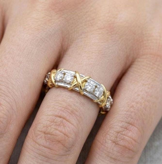 Two-Tone Moissanite Eternity Band Ring, Sterling Silver Gold Cross Stitch Motif