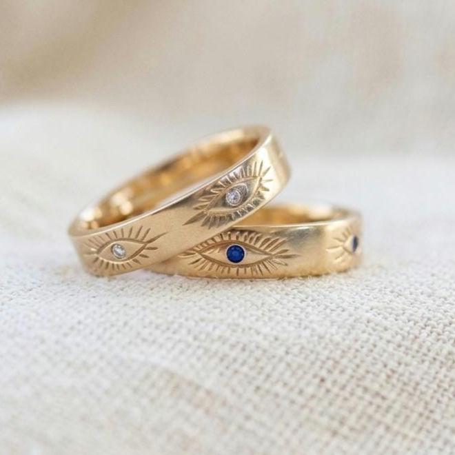 Gold Plated Evil Eye Sunburst Ring, Sterling Silver Blue Sapphire Celestial Band